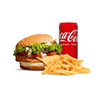Crispy hot burger, cheddar kaas, friet, saus en frisdrank