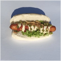 heerlijke cheesedog met sla , augruk ,honingmosterd ,ketchup en gebakken ui