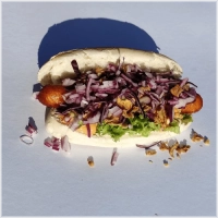 heerlijke cheesedog met sla , rode kool , augruk , ketchup, honingmosterd, gebakken ui en rode ui